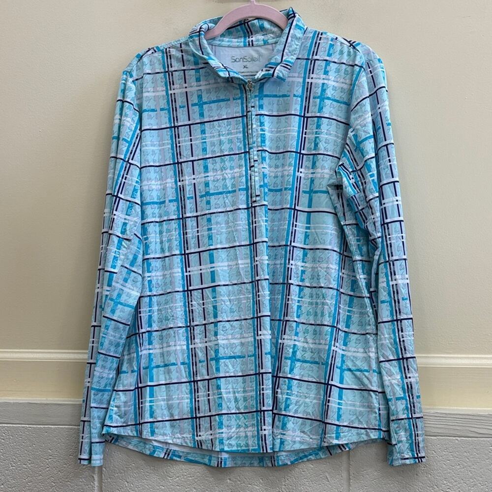 SanSoleil XL Aqua and White Plaid activewear Shirt top.